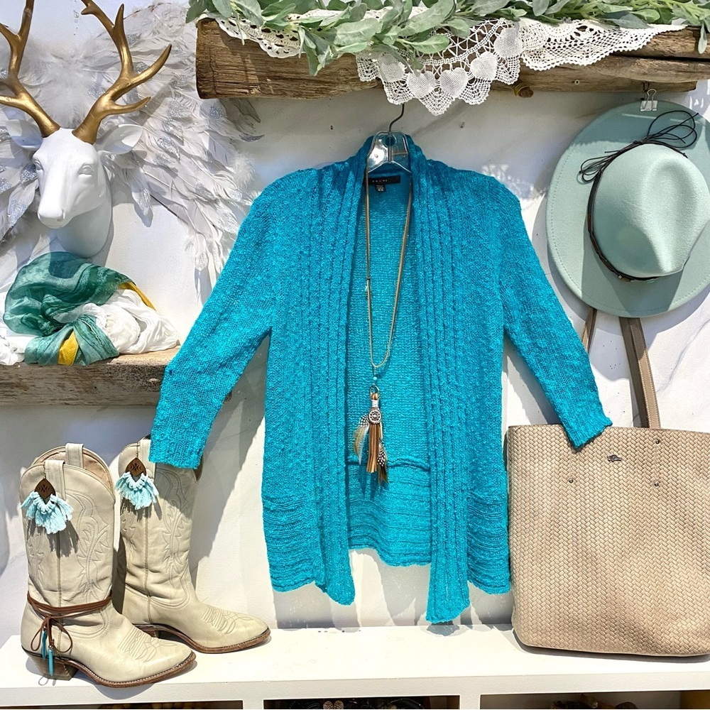 Aqua boho knit cardigan sweater w resort vacay beach vibe